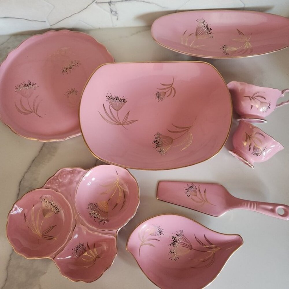 James Kent Old Foley Ballerina 5484 Pink Gold Gilt Serving Set 8pc Staffordshire